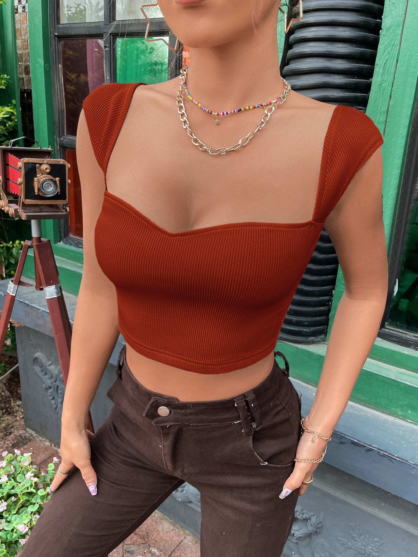 Sweetheart Neck Rib Knit Crop Tee