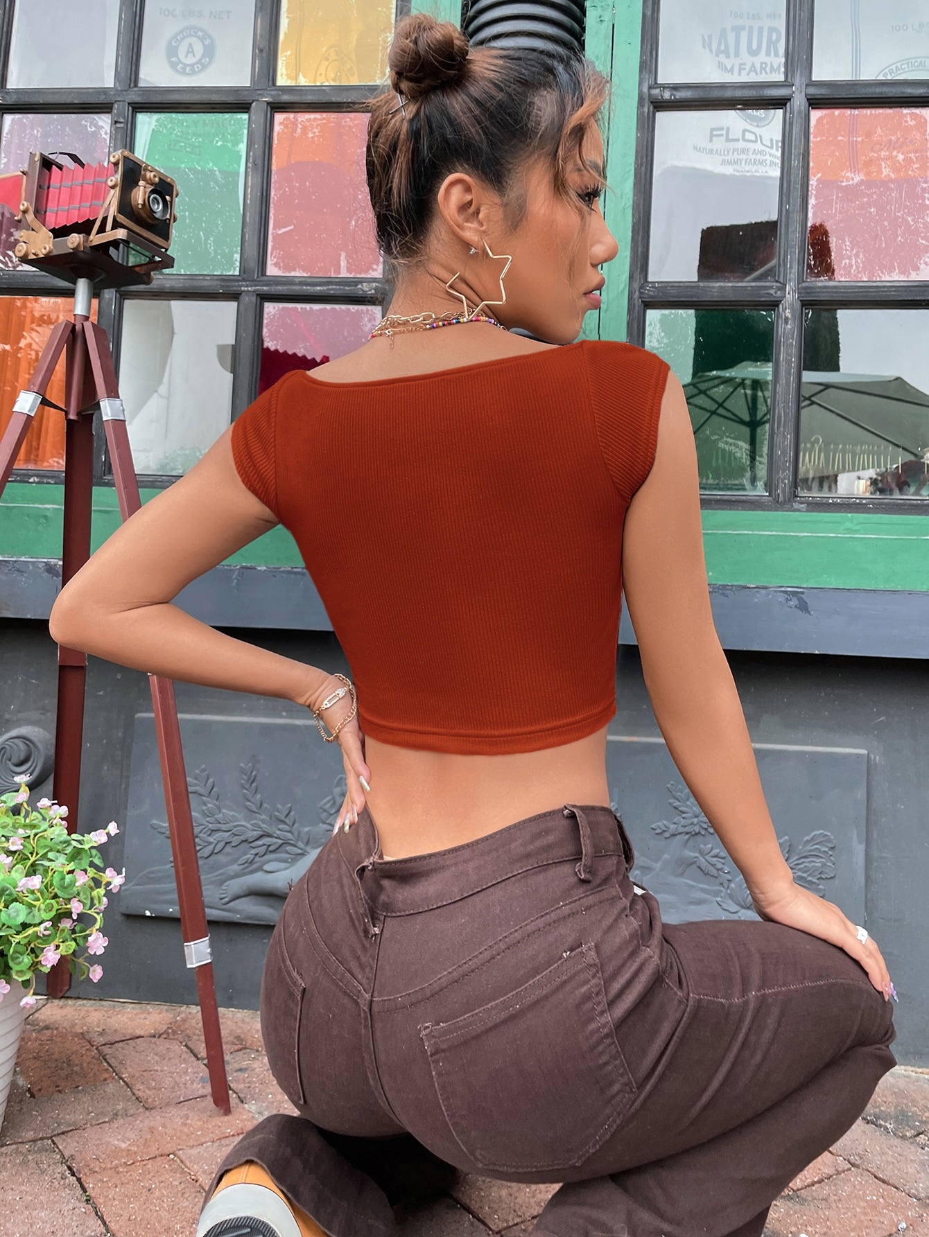 Sweetheart Neck Rib Knit Crop Tee