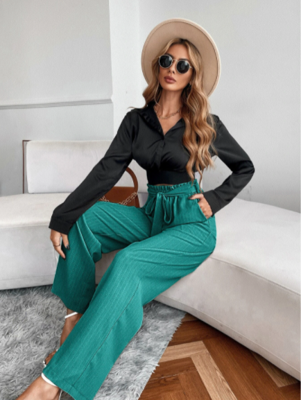 Paperbag Waist Slant Pocket Wide Leg Belted Pants