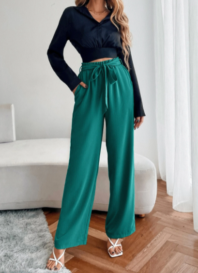 Paperbag Waist Slant Pocket Wide Leg Belted Pants