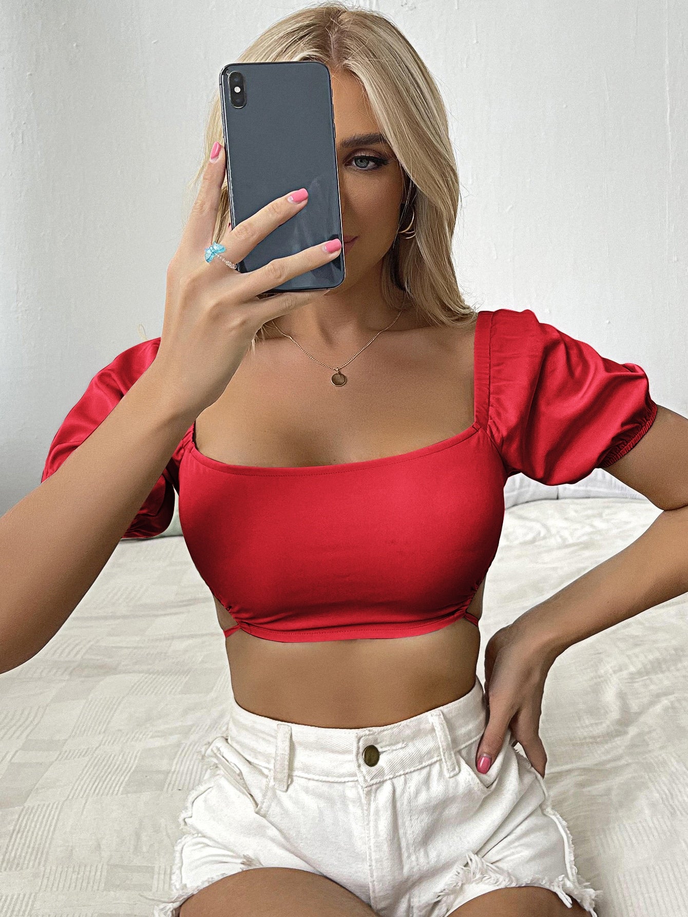 Puff Sleeve Tied Backless Crop Top