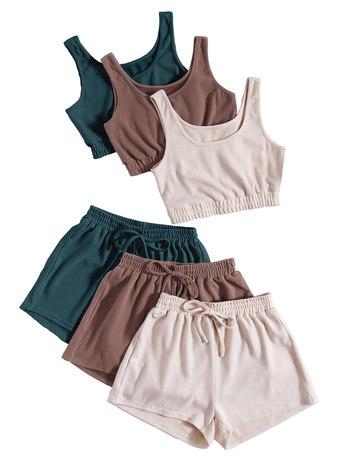 3pack Crop Tank Top Knot Front Shorts Lounge Set