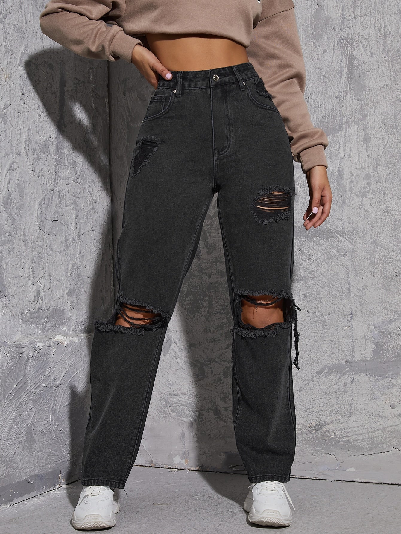 High Waist Ripped Straight Leg Jeans - Main Image