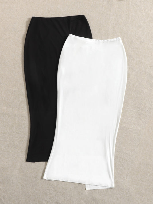 2pcs Solid Drawstring Split Thigh Skirt
