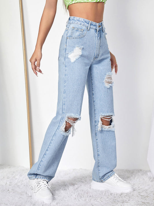 High Waist Ripped Straight Leg Jeans