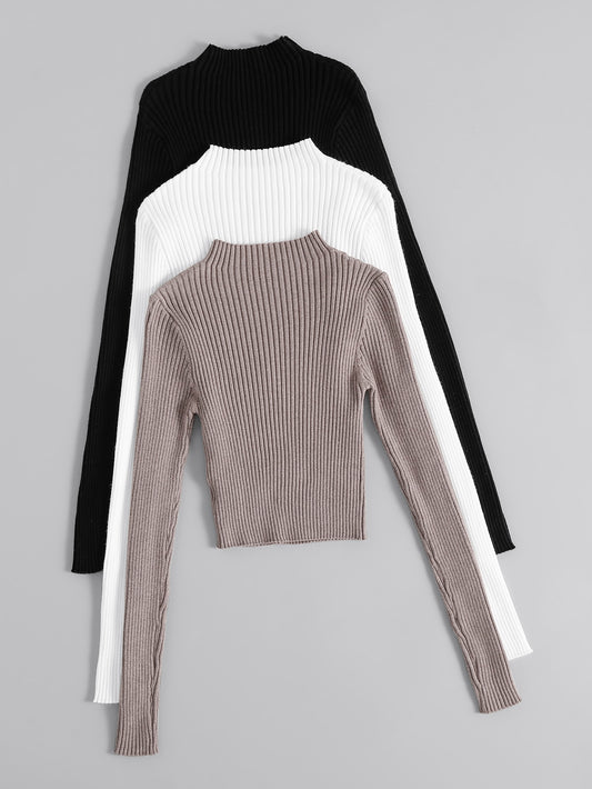 3pcs Mock Neck Ribbed Knit Sweater
