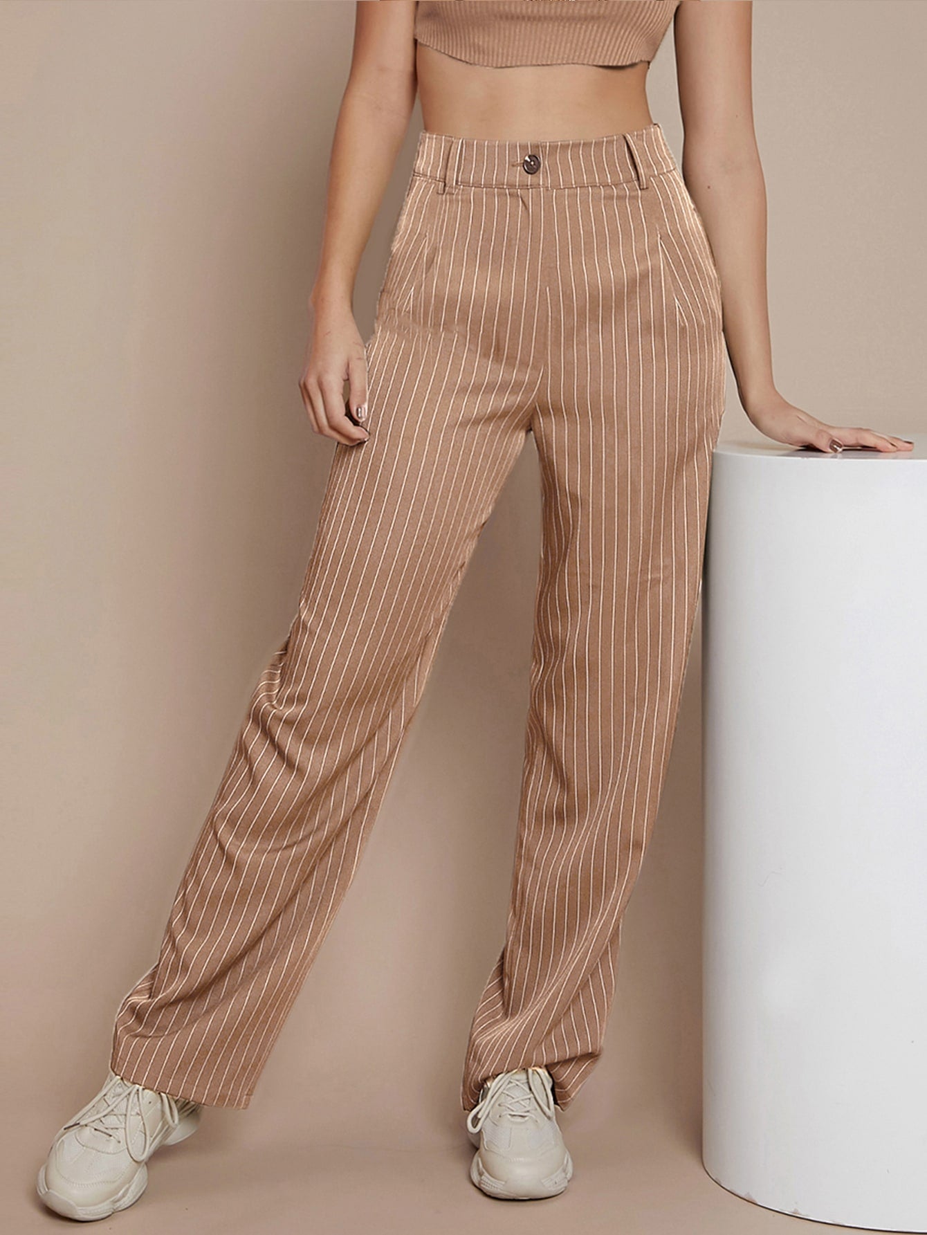 Pinstriped High Rise Straight Leg Pants