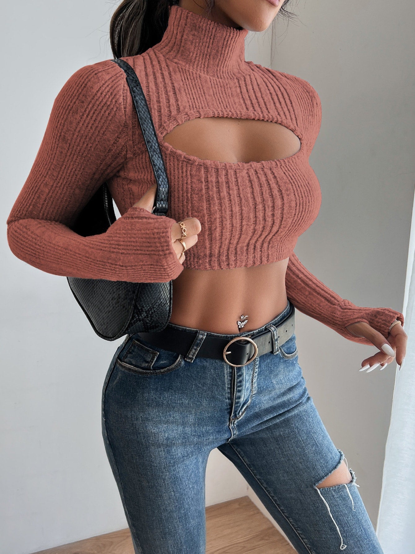High Neck Cut Out Front Crop Top