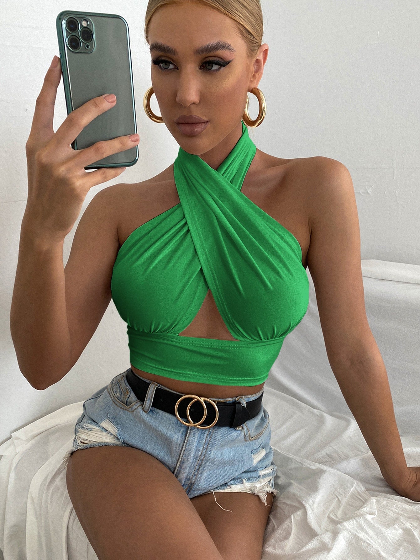 Solid Cross Crop Halter Top