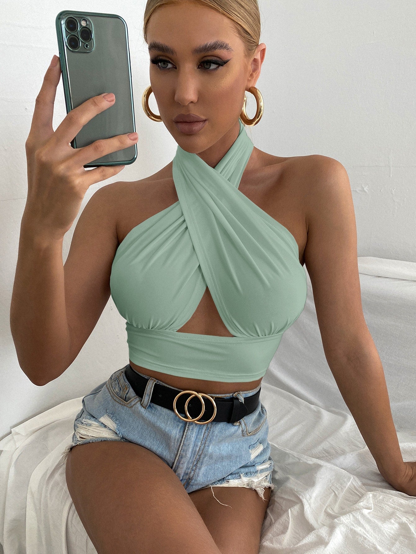 Solid Cross Crop Halter Top