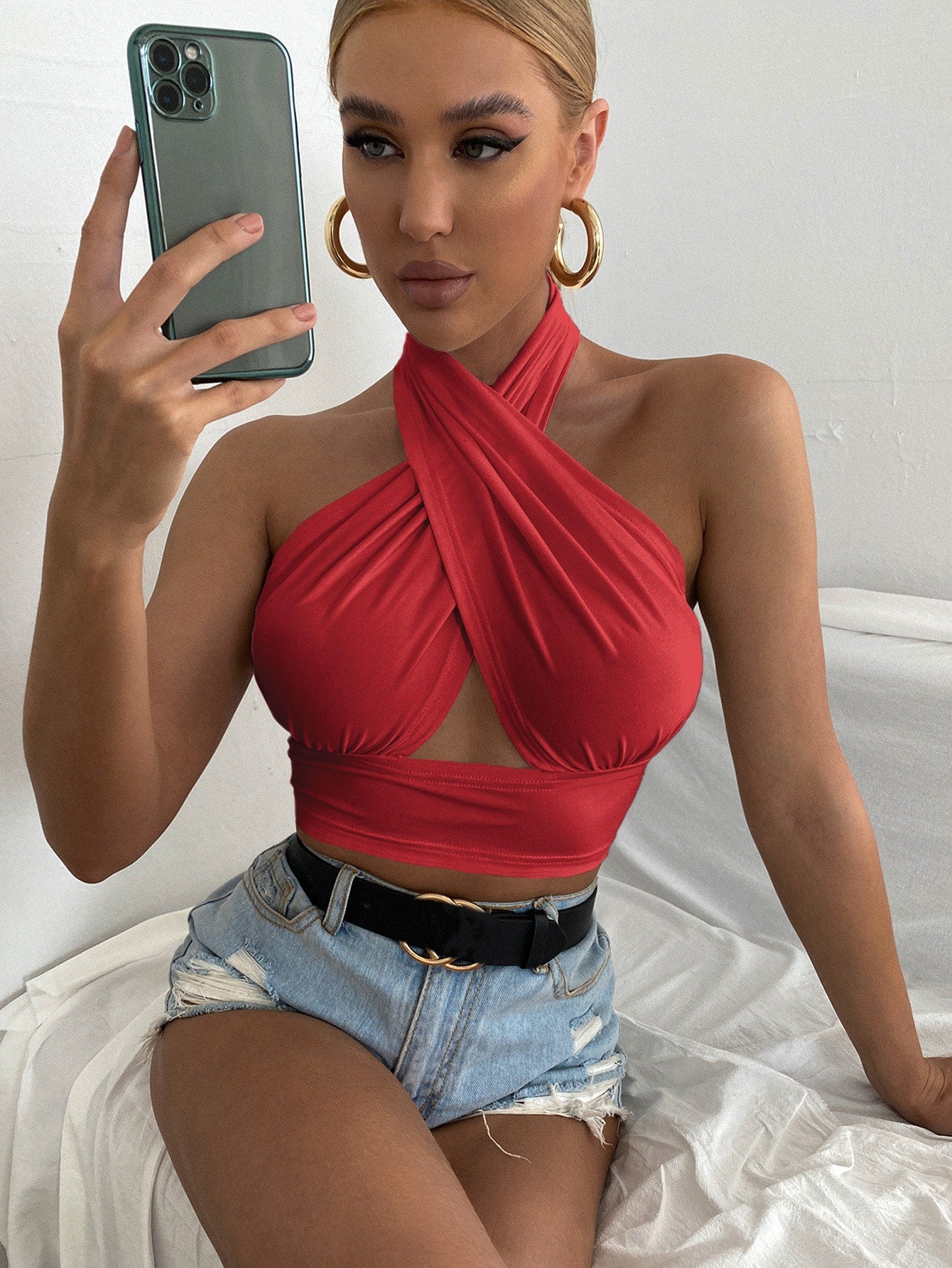 Solid Cross Crop Halter Top